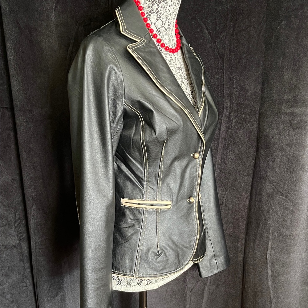 Women's Black Leather Blazer with Contrast Stitching - Picture 5 of 9